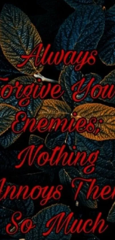 Quote on blue and gold leaf background with red text.