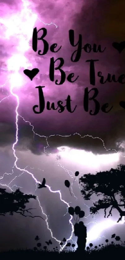 Silhouette under lightning with inspirational text: 'Be You, Be True, Just Be'.