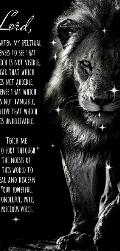 Black and white lion wallpaper with spiritual quote.