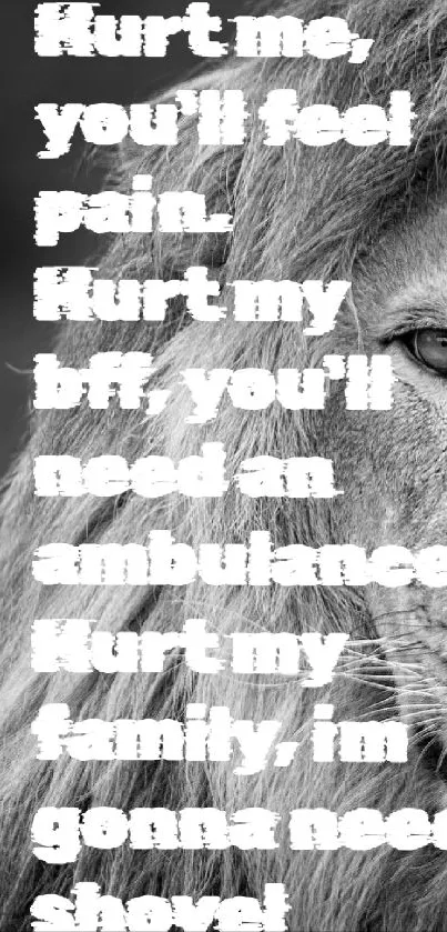 Black and white lion with motivational quote on courage and strength.