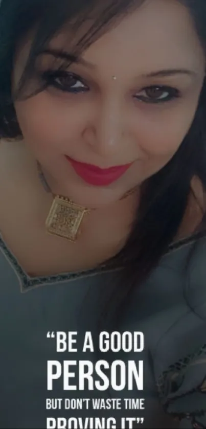 Mobile wallpaper with inspirational quote and portrait.