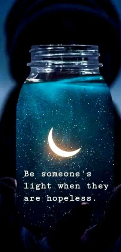 Glowing moon in a jar with inspirational quote on deep blue background.