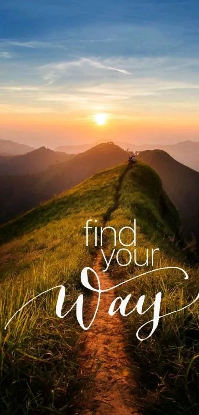 Inspirational mountain sunrise wallpaper with 'Find Your Way' text.