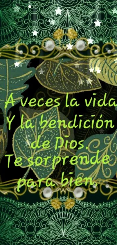 Inspirational leaf design wallpaper with Spanish quote.