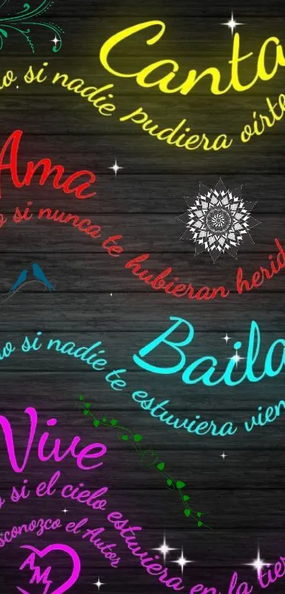 Colorful neon Spanish quotes on dark wood background.