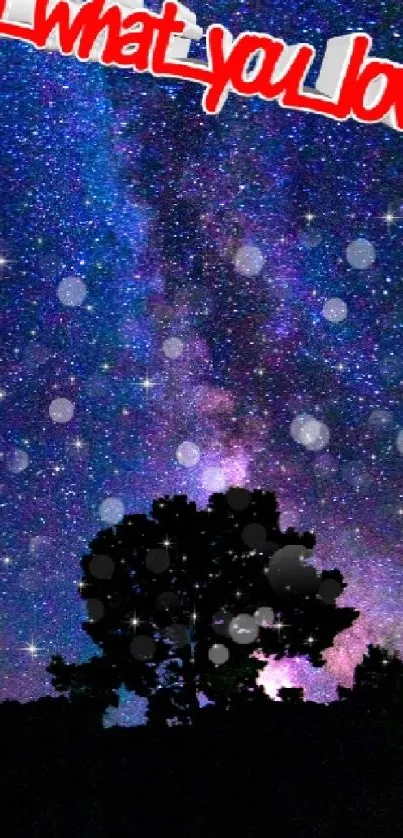 Inspirational night sky with stars and a tree silhouette.