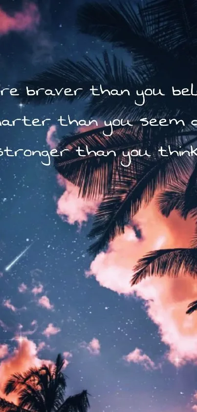 Inspirational quote on a night sky with palm trees.