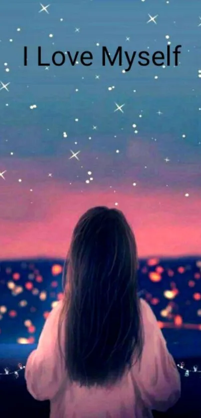 Girl gazing at a starry night sky with inspirational text.