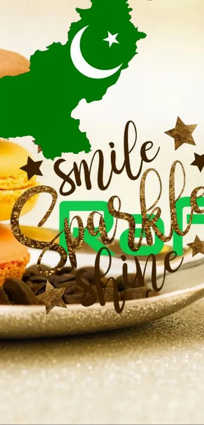 Pakistan map with 'Smile, Sparkle, Shine' on macaron background.