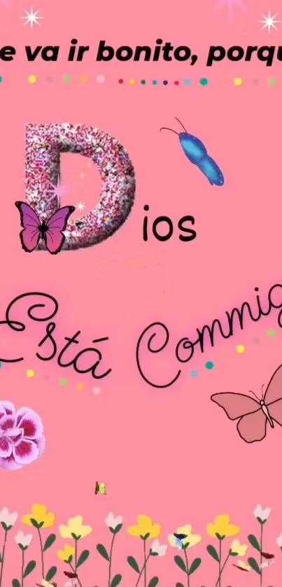 Pink wallpaper with butterflies and flowers featuring the text 'Dios Está Conmigo'.