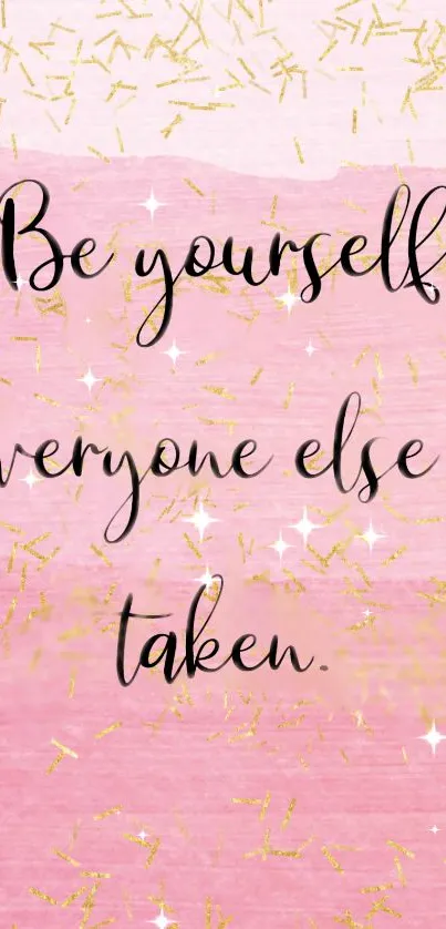 Motivational pink wallpaper with quote and golden sparkles.