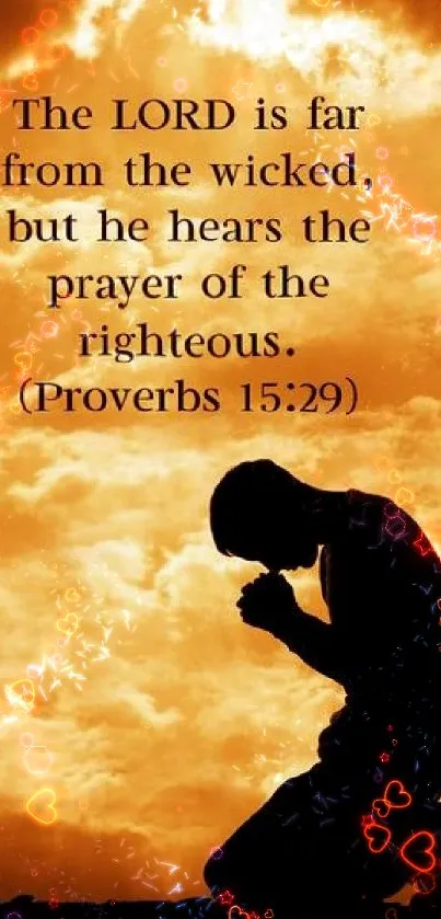 Silhouette in prayer with orange sunset background and Biblical verse.