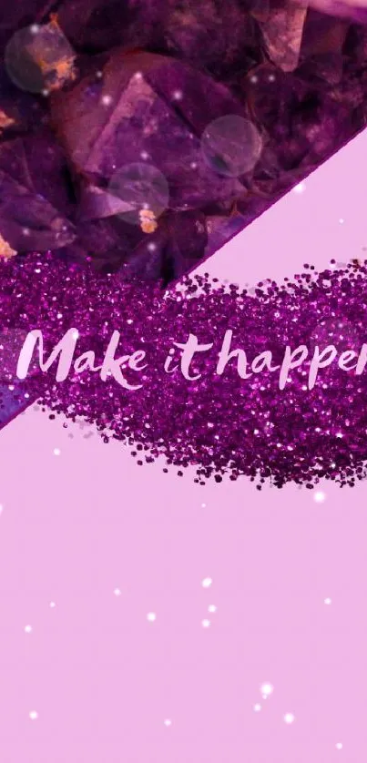 Purple wallpaper with 'Make it happen' quote.