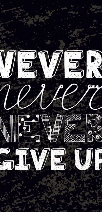 Inspirational mobile wallpaper with 'Never Give Up' text in artistic design.