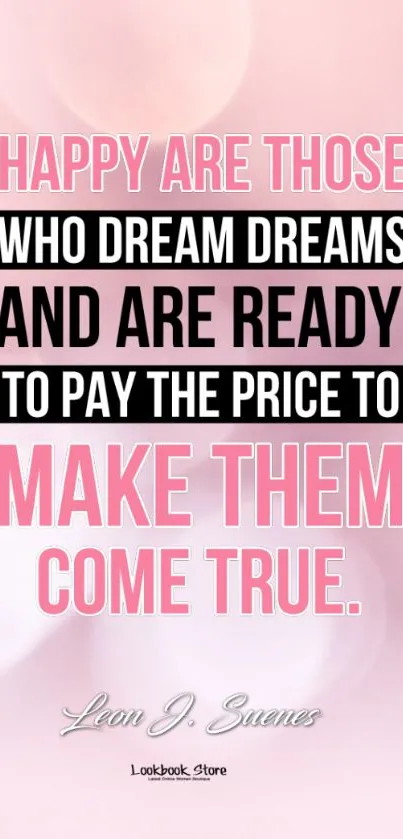 Motivational quote on pink background about dreams and perseverance.