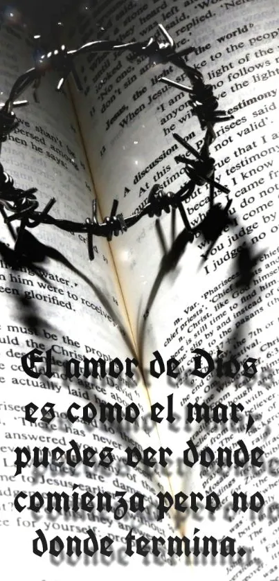 Heart shadow over open Bible with Spanish quote.