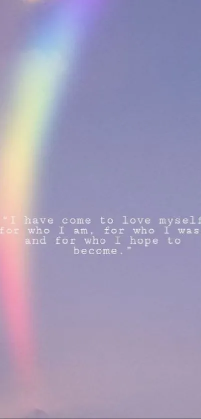 Mobile wallpaper with rainbow and quote on a lavender background.