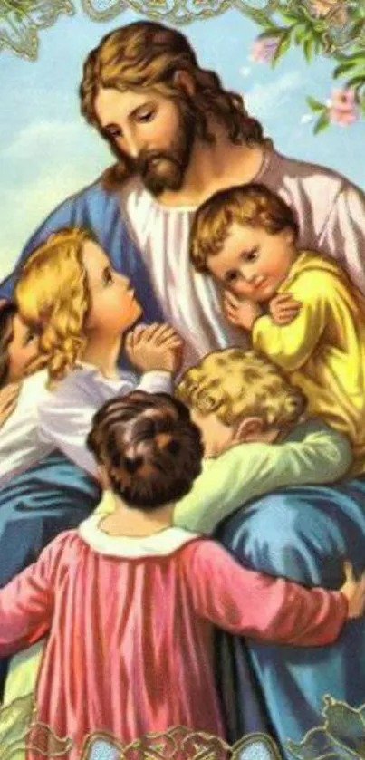 Inspirational religious art featuring a holy figure with children on a mobile wallpaper.