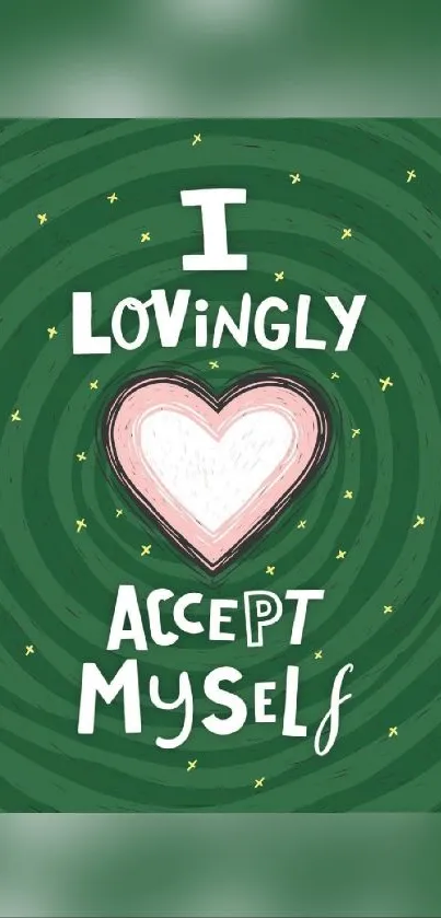 Inspirational wallpaper with heart and self-acceptance quote on a green background.