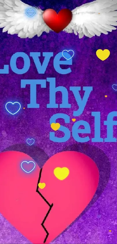 Purple background wallpaper with heart and wings saying 'Love Thy Self!'.