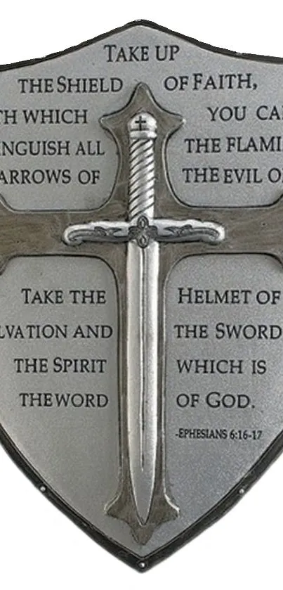 Inspirational shield with cross and Ephesians scripture.