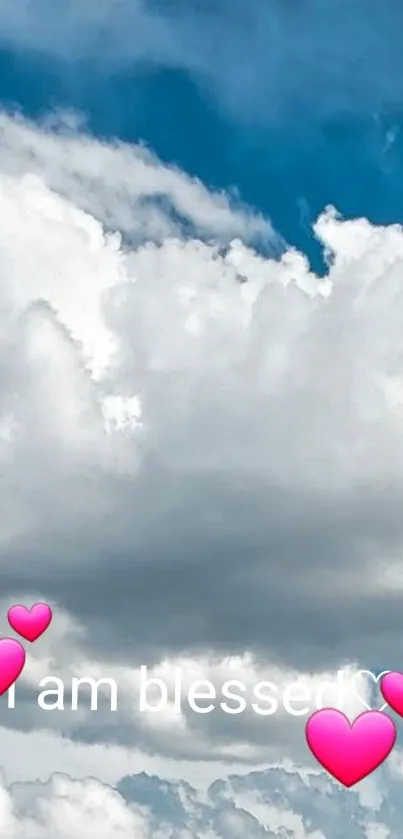 Inspirational sky mobile wallpaper with clouds and pink hearts.