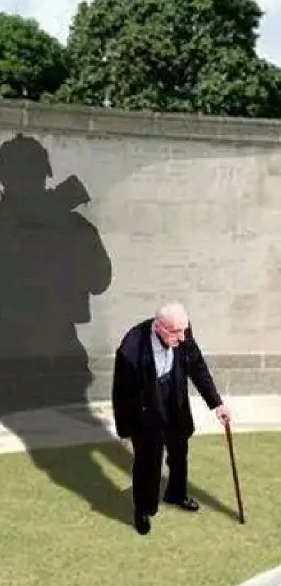 Old man casts soldier shadow on wall with inspirational message.