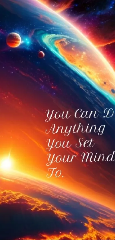 Inspirational quote on a cosmic landscape mobile wallpaper.