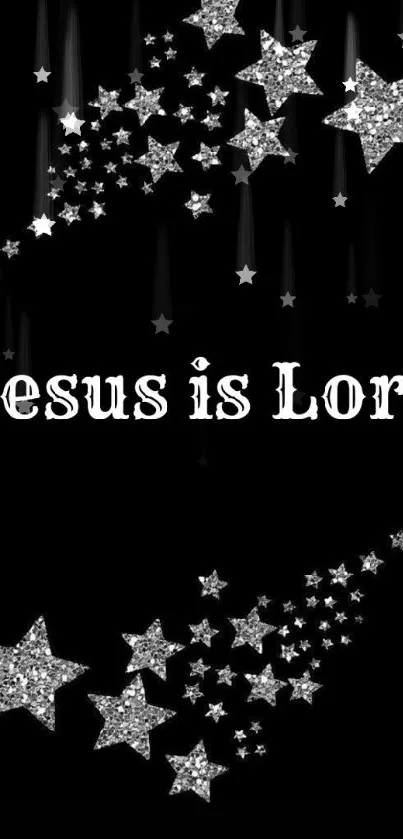 Starry mobile wallpaper with 'Jesus is Lord' text on black background.