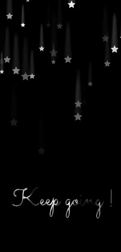 Black wallpaper with falling stars and 'Keep going!' text for motivation.