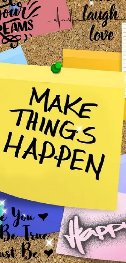 Colorful sticky note wallpaper with motivational quotes on a cork board.