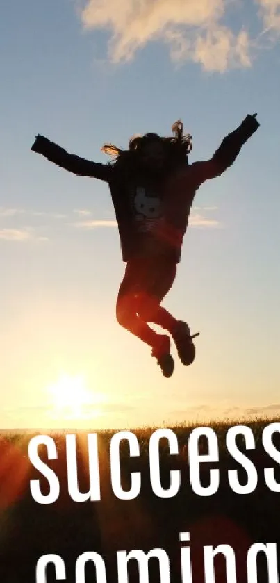 Silhouette jumping with 'success is coming' at sunrise.