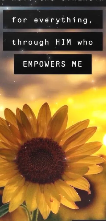 Mobile wallpaper with a sunflower and an inspirational quote from Philippians 4:13.