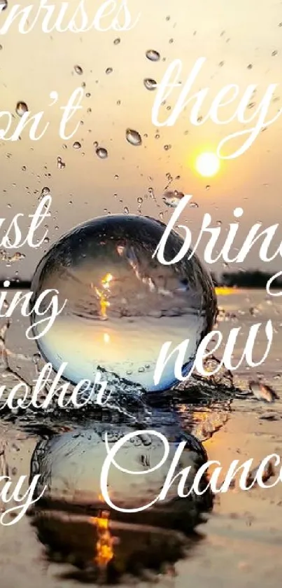 Inspirational sunrise with water droplets and motivational text.