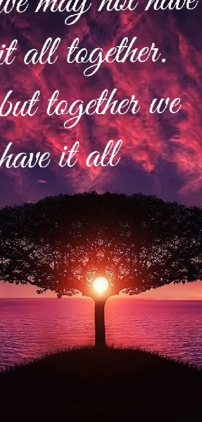 Silhouette of a tree against a vibrant purple sunset with inspirational quote.