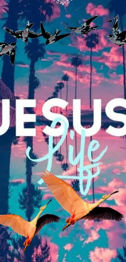 Inspirational wallpaper with "Jesus Life" text, birds and sunset background.