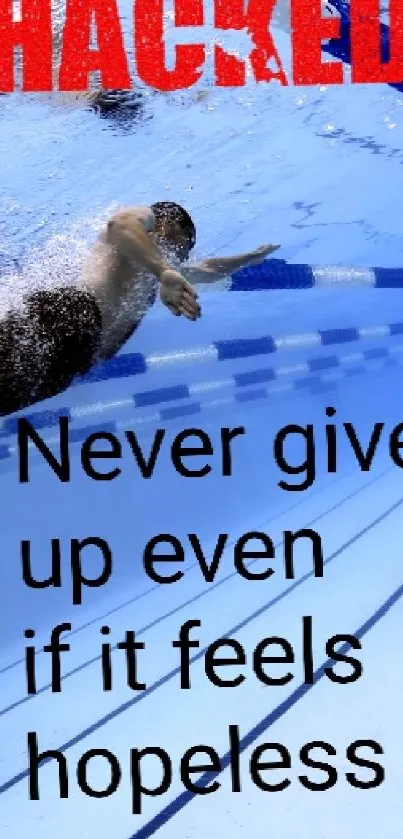 Swimmer underwater with motivational text on blue background.