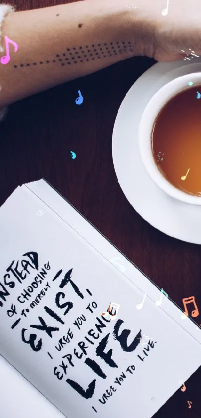 A cozy setup with tea, flowers, and a book on a wooden table.