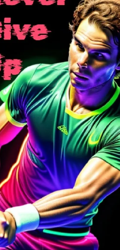 Inspirational tennis player with 'Never Give Up' text on colorful background.