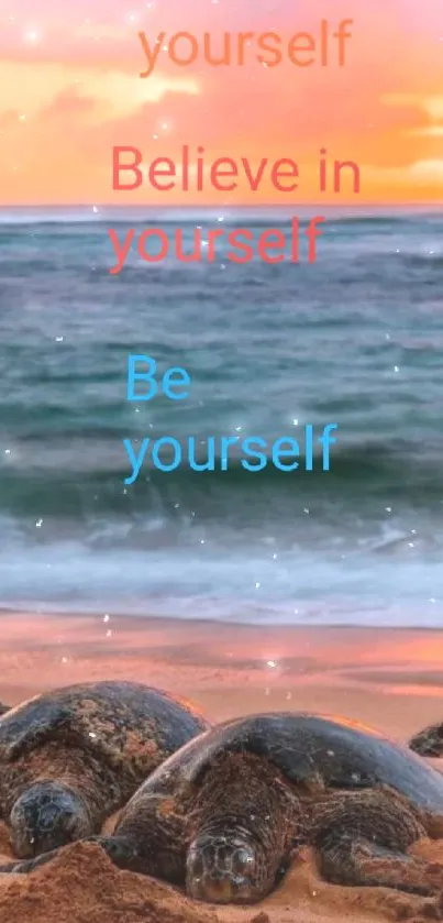 Turtles on a beach at sunset with motivational text.