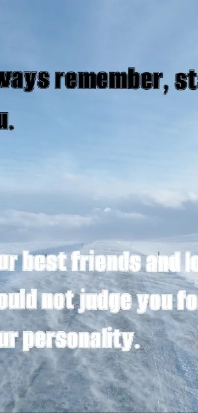 Motivational winter landscape with quotes on snowy background.