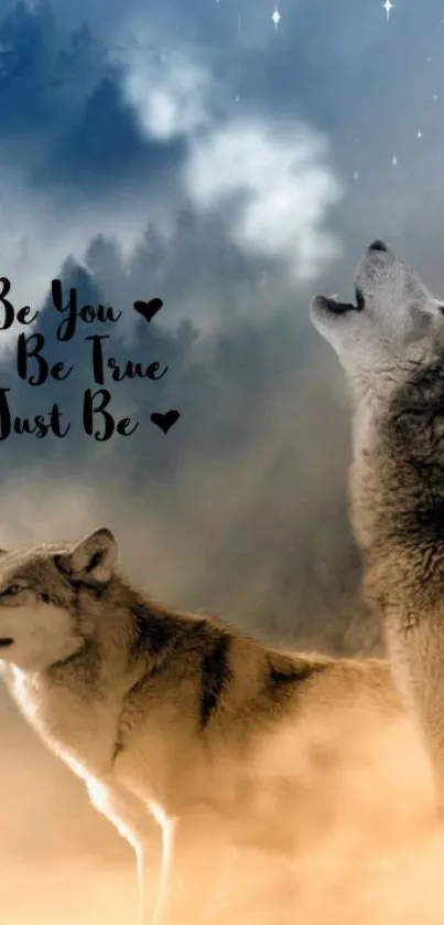 Two wolves howling under starry sky with inspiring quote.