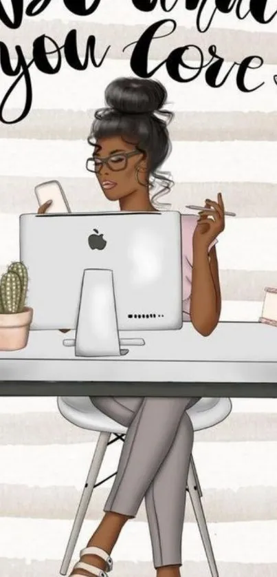 Illustration of a woman in a stylish workspace with motivational text.