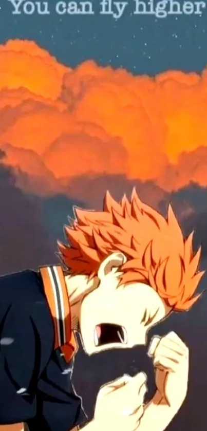 Motivational anime character with orange clouds and night sky.