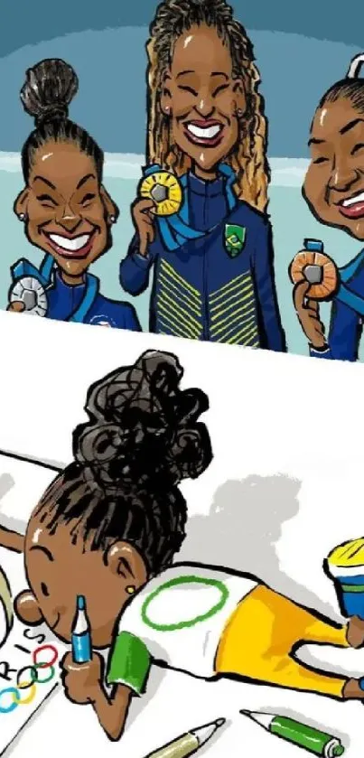 Illustration of athletes and child drawing Olympic images.