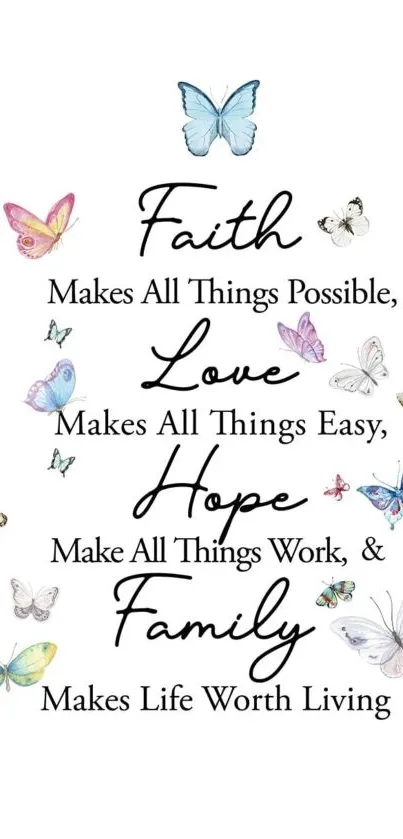 Inspirational quote with colorful butterflies emphasizing faith and family.