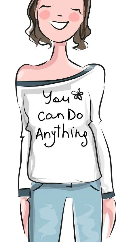 Whimsical character drawing with motivational message on shirt.