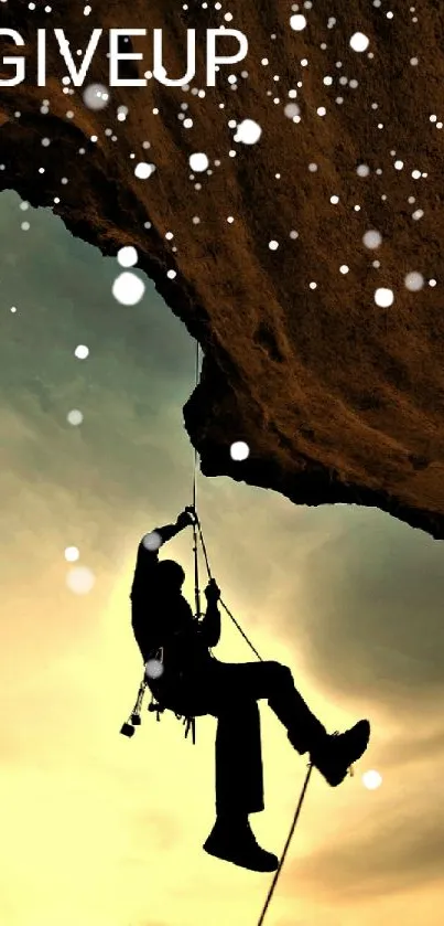 Silhouette of a climber on rock face with 'Never Give Up' text.