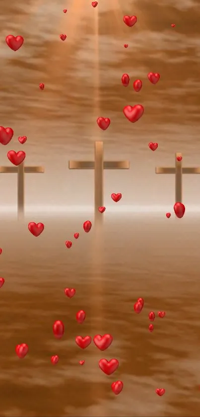 Three crosses with floating red hearts on a brown background.