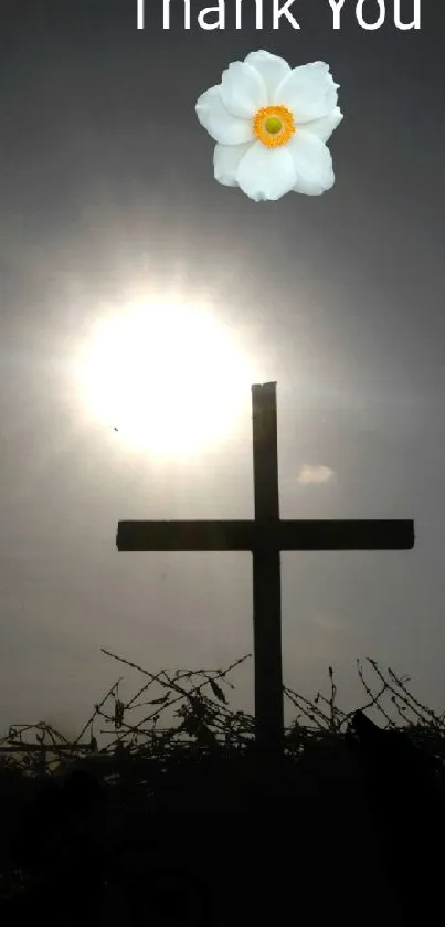 Silhouette of a cross against a sunset with 'Thank You' text and a daffodil.